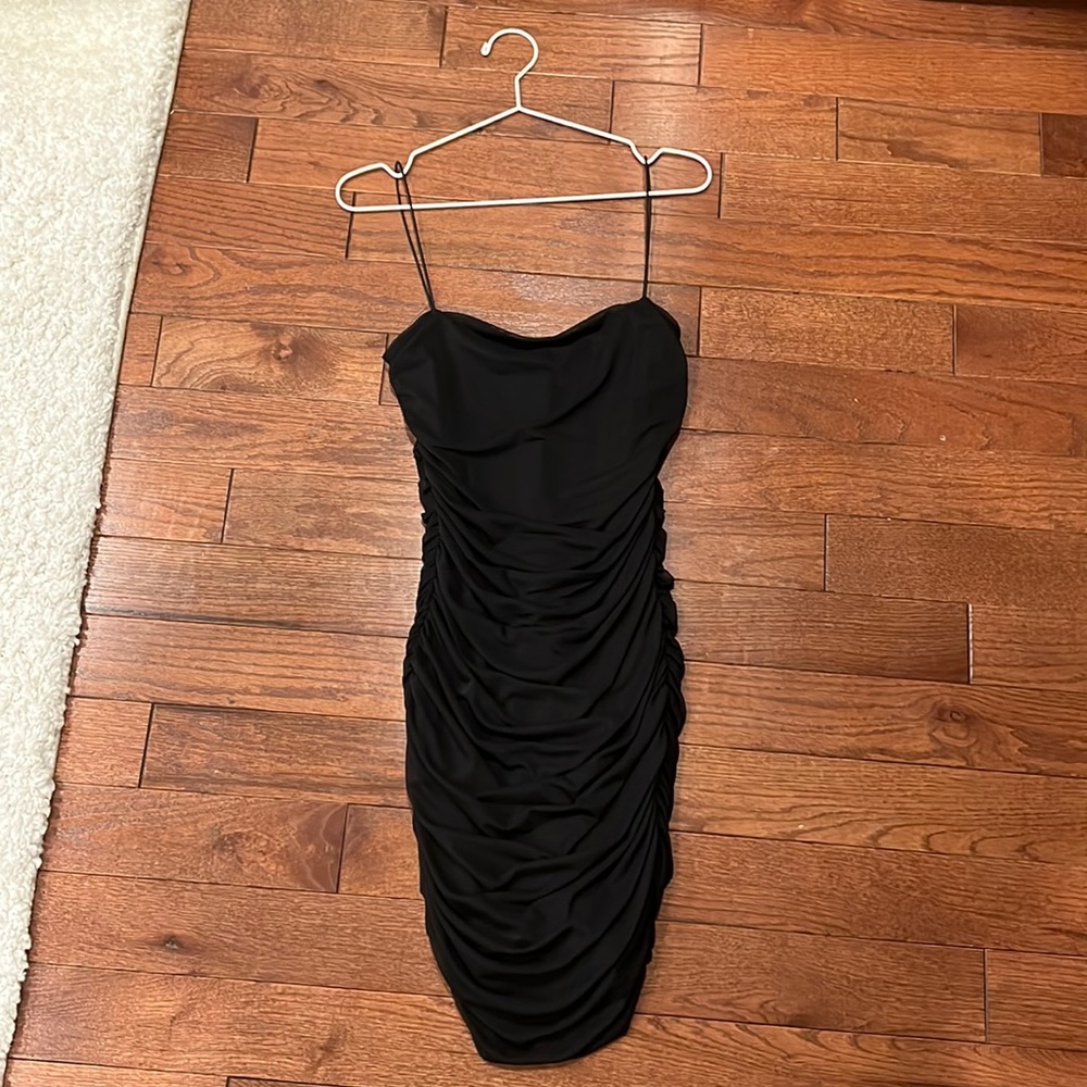 Oh Polly 
Simply Bliss Ruched Mesh Bodycon Mini Dress in Black